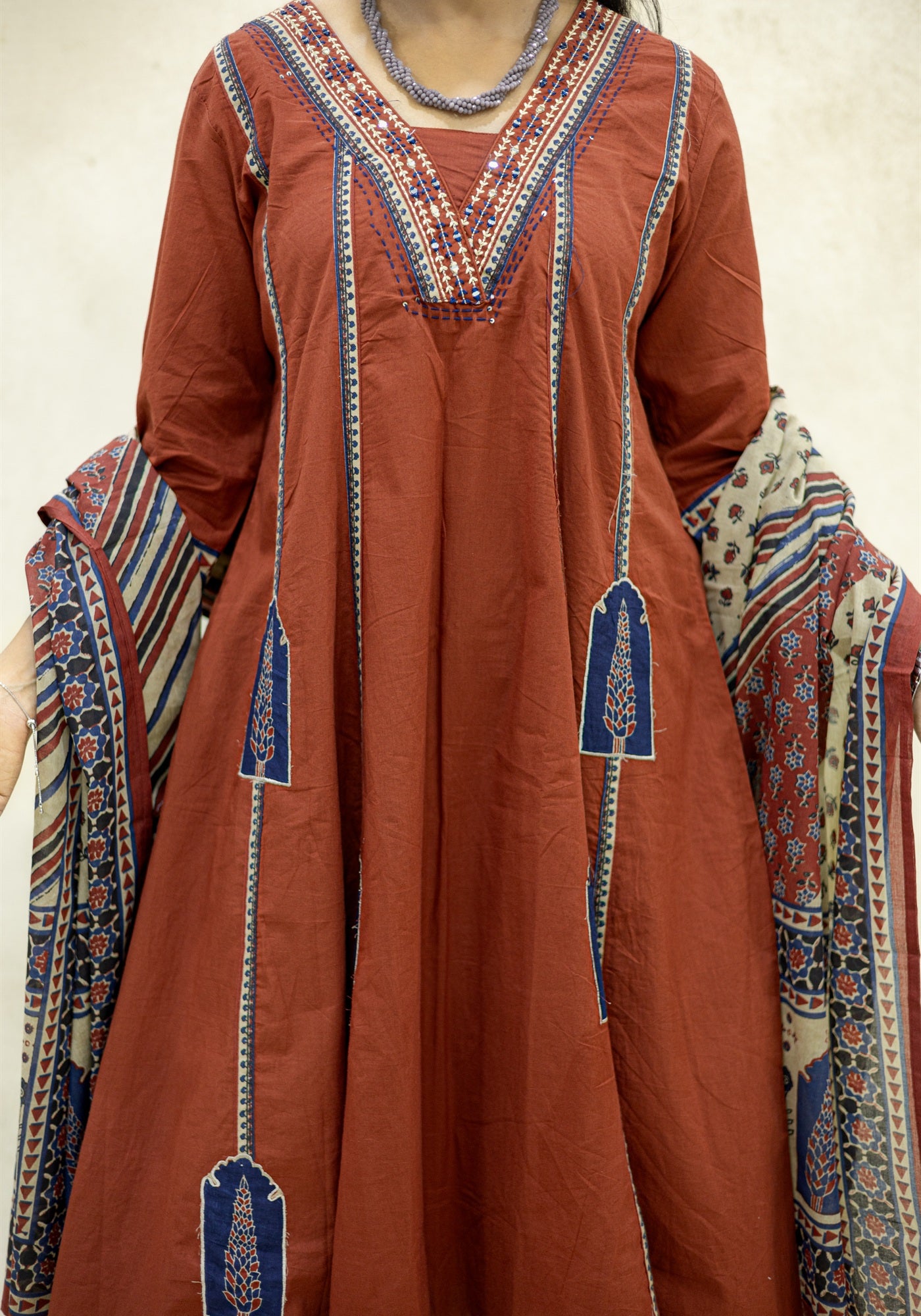 Rust Brown Ethnic Border Kurta Pant Set with Dupatta - Rust Brown