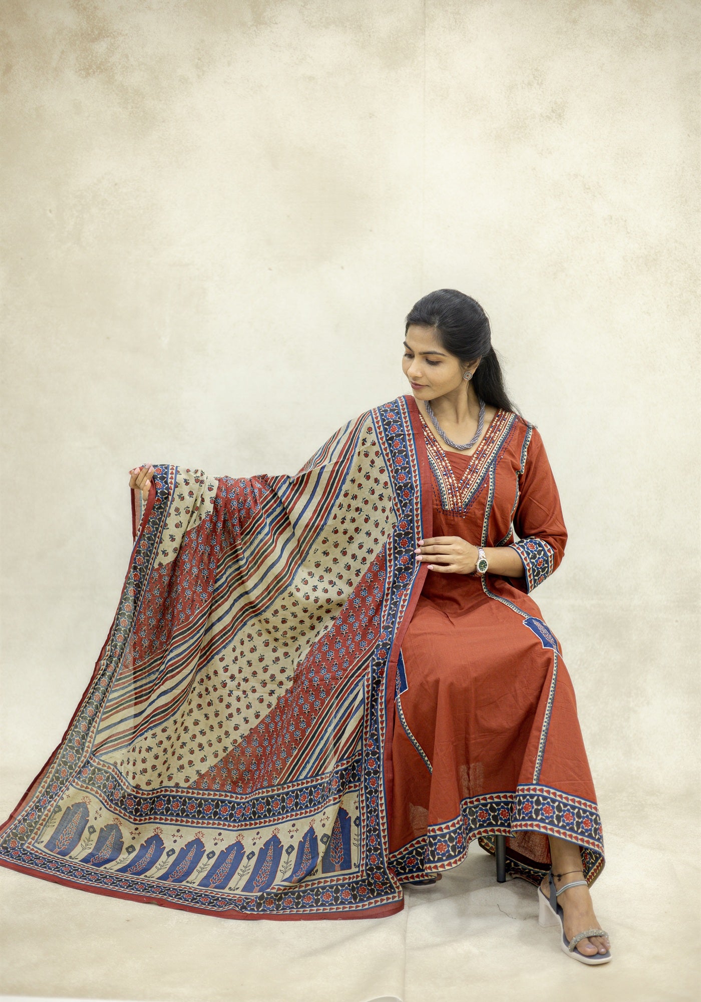 Rust Brown Ethnic Border Kurta Pant Set with Dupatta - Rust Brown