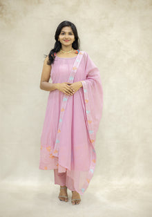 Baby Pink Cotton Flared Kurta Pant Set with Dupatta - Ashoka Threads