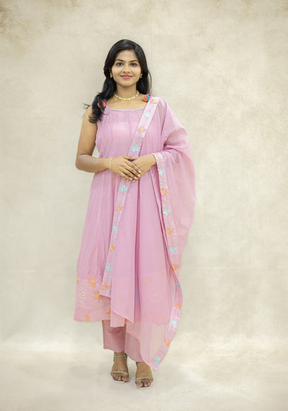 Baby Pink Flared Kurta Pant Set with Dupatta - Baby Pink