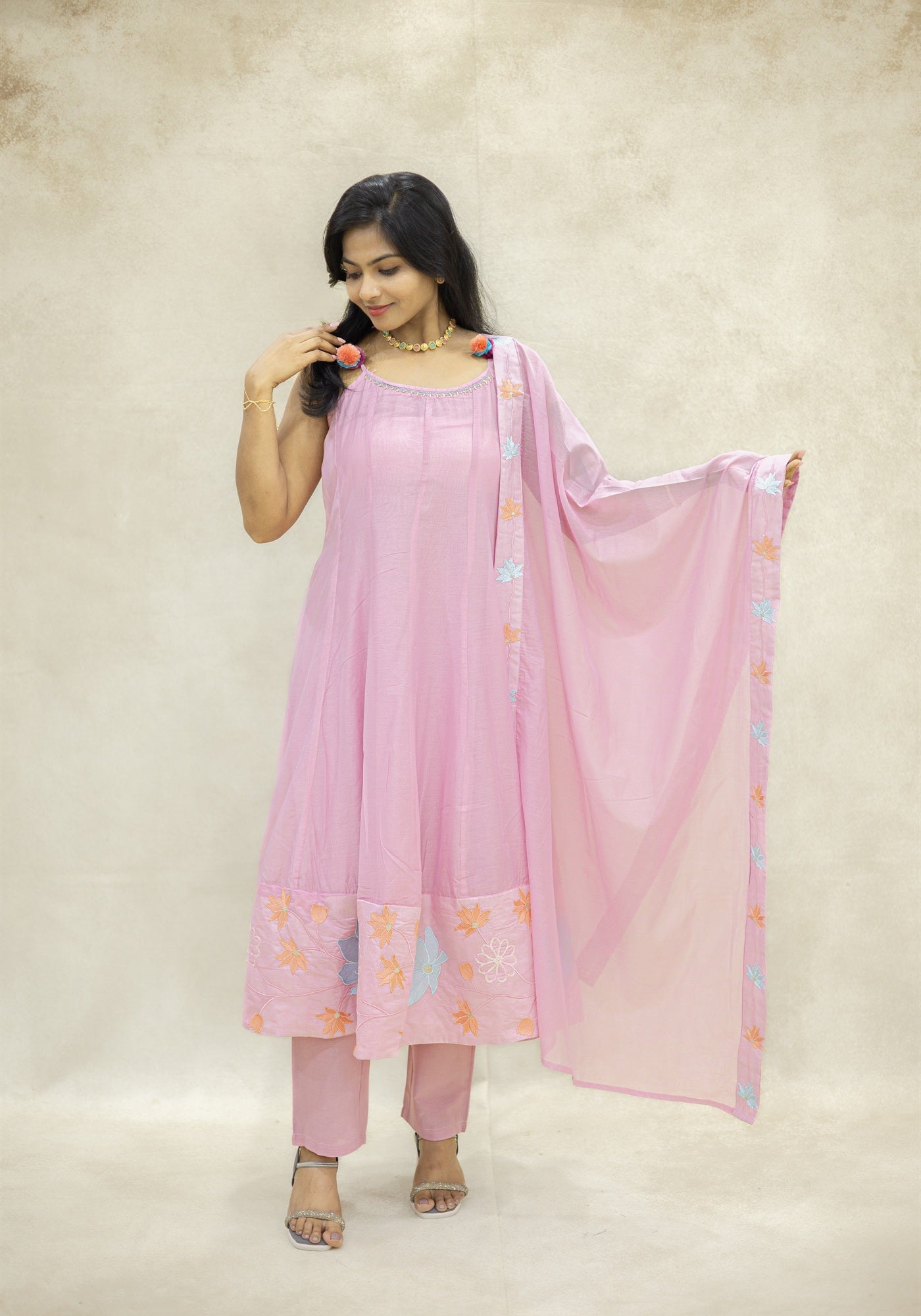 Baby Pink Flared Kurta Pant Set with Dupatta - Baby Pink