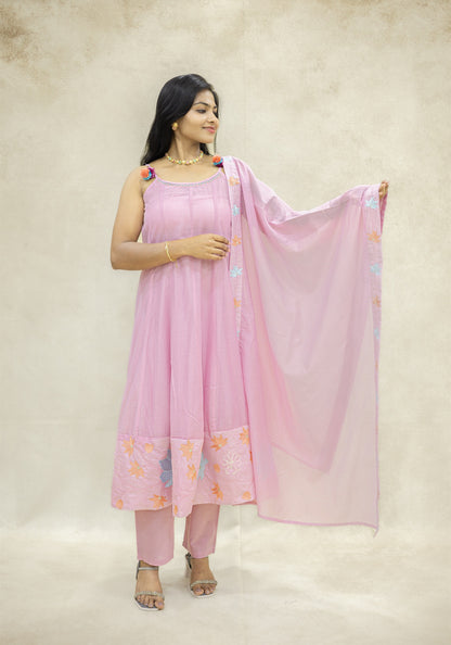 Baby Pink Flared Kurta Pant Set with Dupatta - Baby Pink