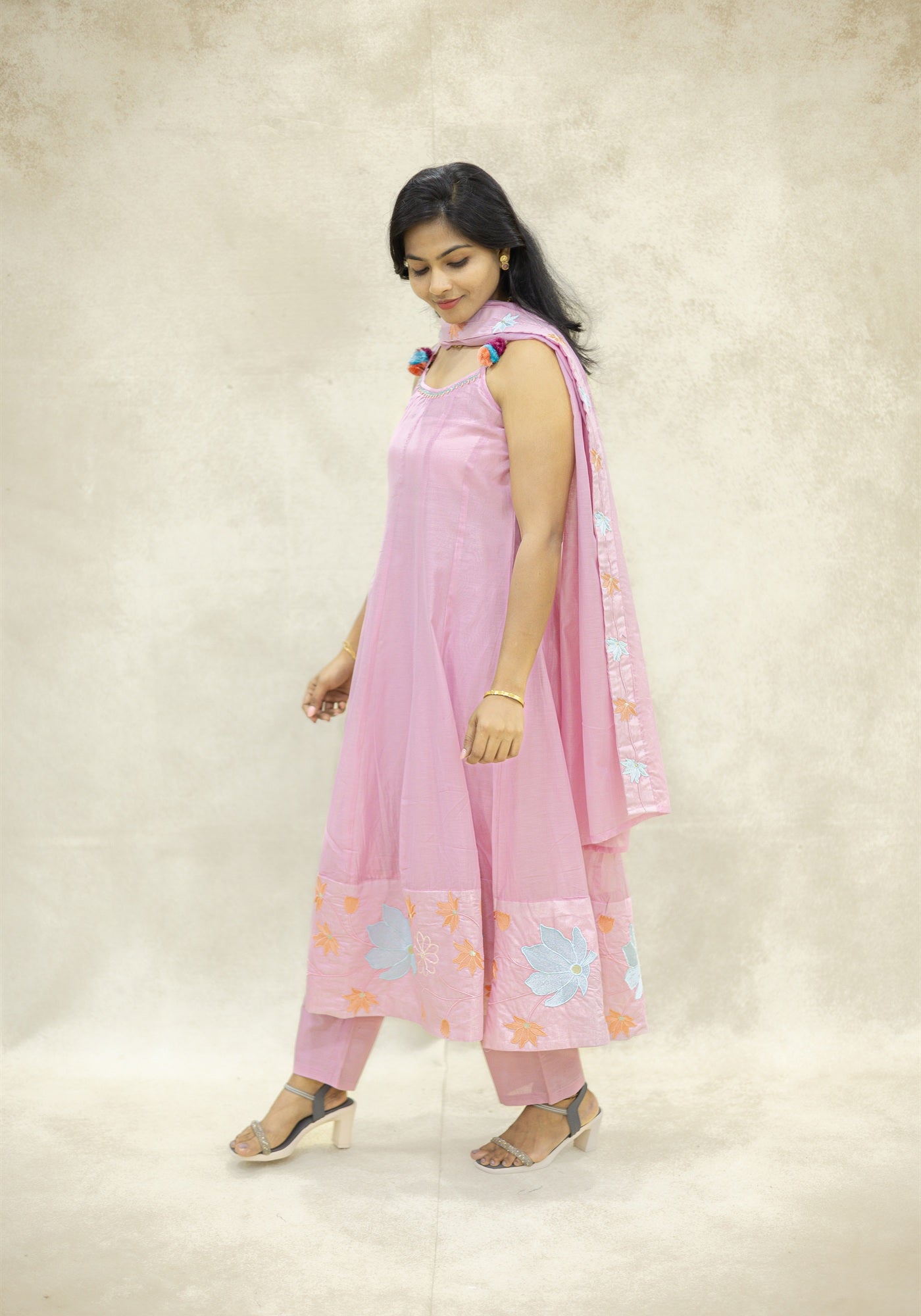 Baby Pink Flared Kurta Pant Set with Dupatta - Baby Pink