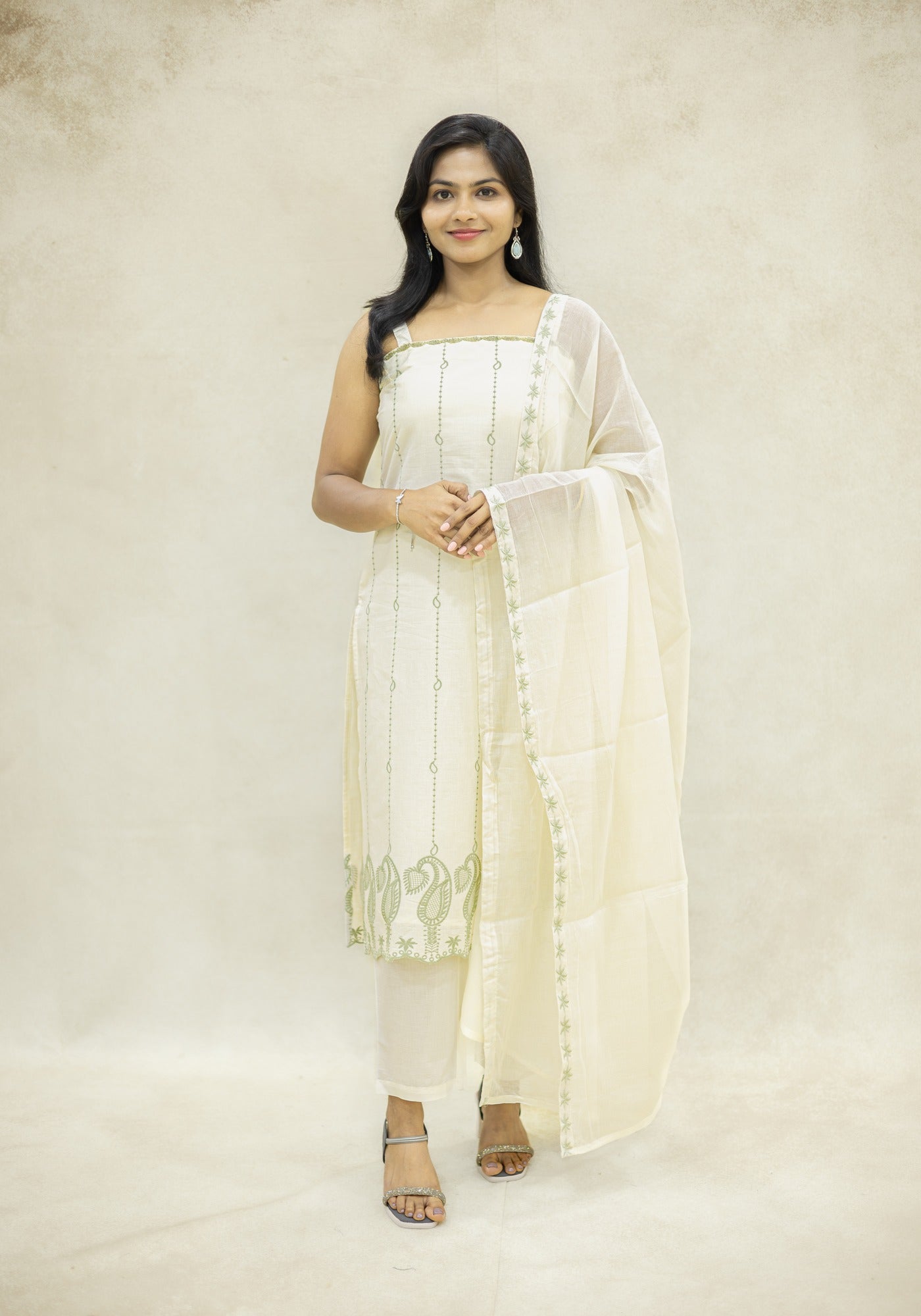 Ivory Cream Sage Motif Kurta Pant Set with Dupatta - Ivory Cream Sage - view 1