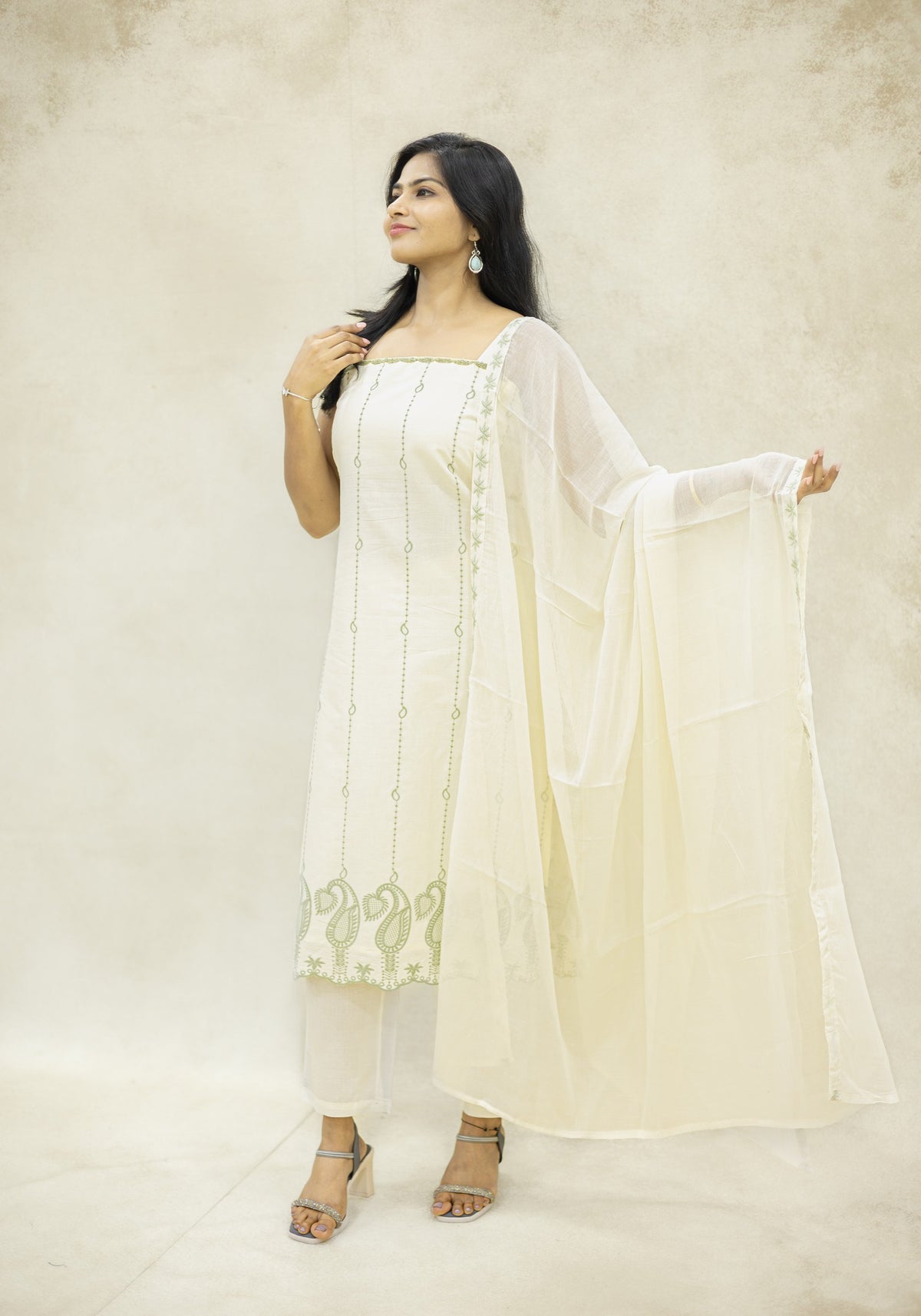 Ivory Cream Sage Motif Cotton Kurta Pant Set with Dupatta - Ashoka Threads