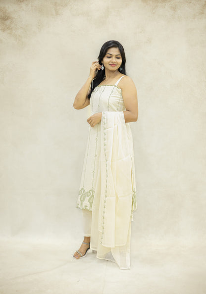 Ivory Cream Sage Motif Kurta Pant Set with Dupatta - Ivory Cream Sage - view 3