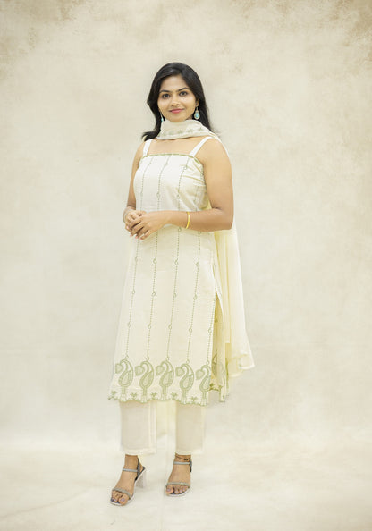 Ivory Cream Sage Motif Kurta Pant Set with Dupatta - Ivory Cream Sage - view 4
