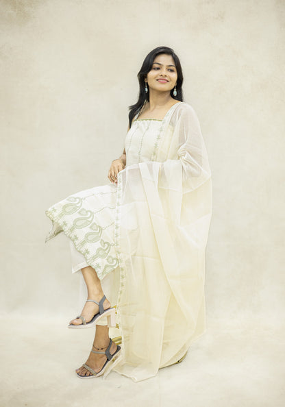 Ivory Cream Sage Motif Kurta Pant Set with Dupatta - Ivory Cream Sage - view 6