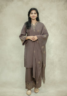 Chocolate Brown Cotton Embroidered Kurta Pant Set with Dupatta - Ashoka Threads