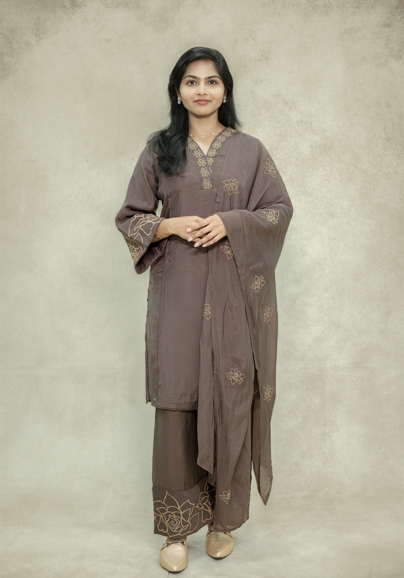 Chocolate Brown Embroidered Kurta Pant Set with Dupatta - Chocolate Brown - view 1