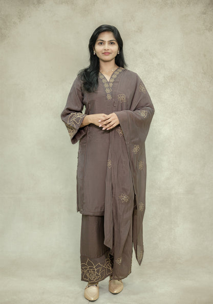 Chocolate Brown Embroidered Kurta Pant Set with Dupatta - Chocolate Brown - view 1