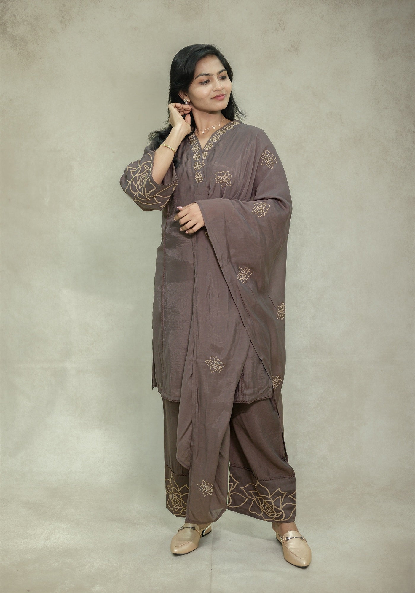 Chocolate Brown Embroidered Kurta Pant Set with Dupatta - Chocolate Brown - view 2