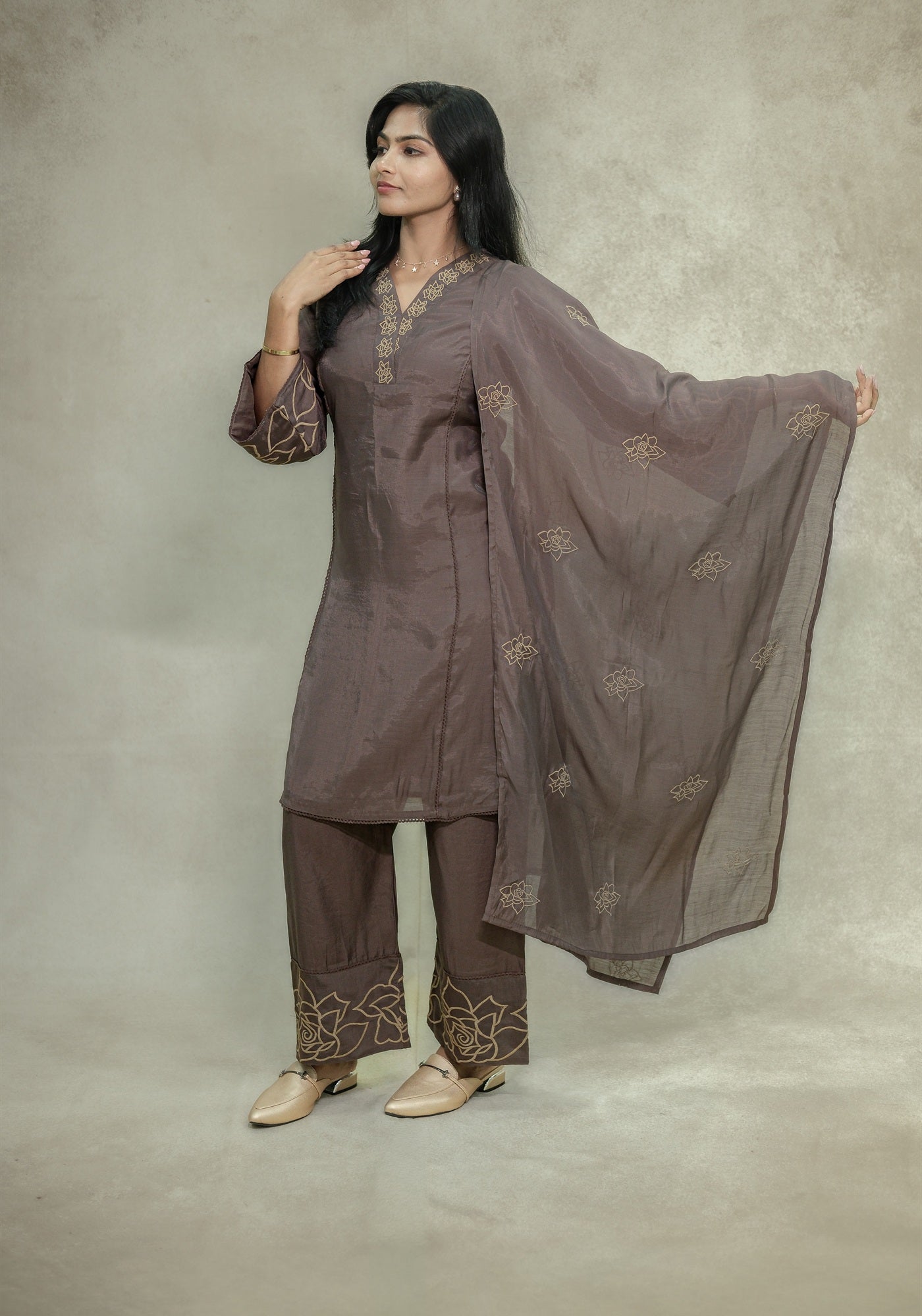 Chocolate Brown Embroidered Kurta Pant Set with Dupatta - Chocolate Brown - view 3