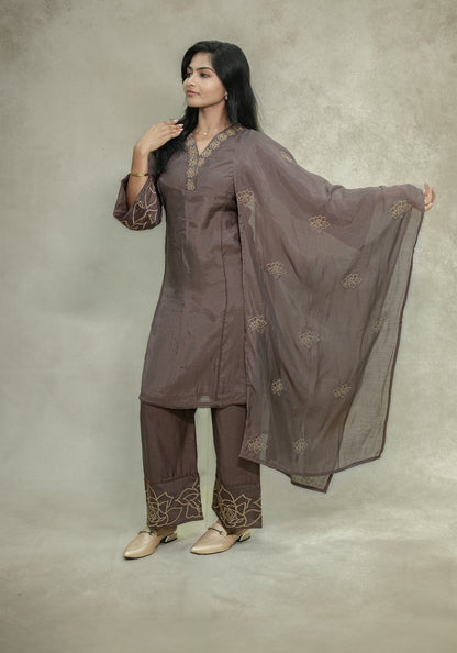 Chocolate Brown Embroidered Kurta Pant Set with Dupatta - Chocolate Brown - view 3