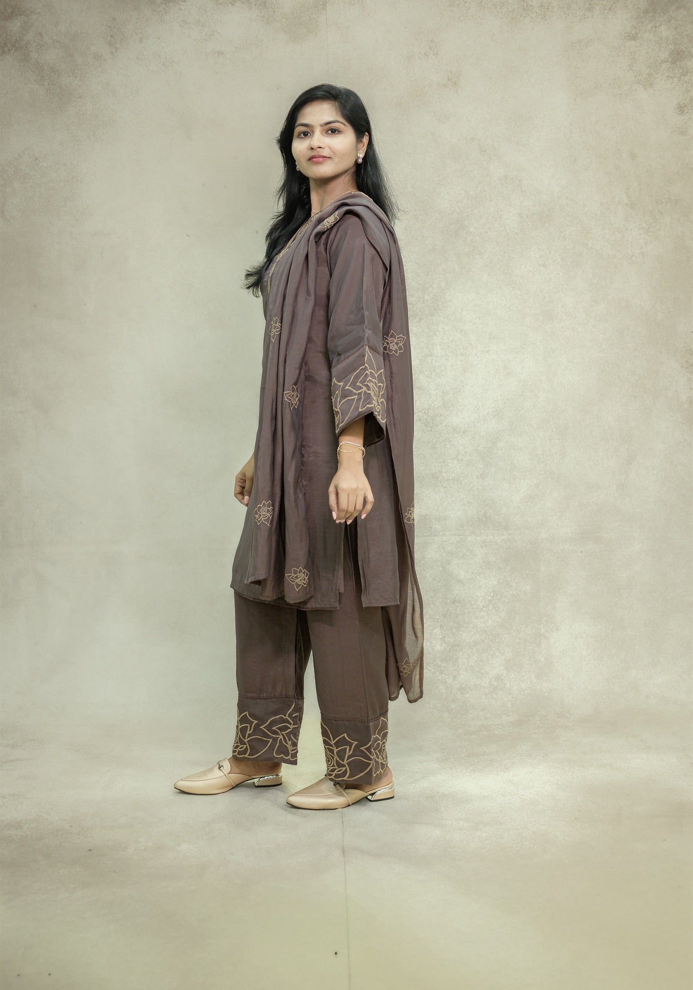 Chocolate Brown Embroidered Kurta Pant Set with Dupatta - Chocolate Brown - view 4