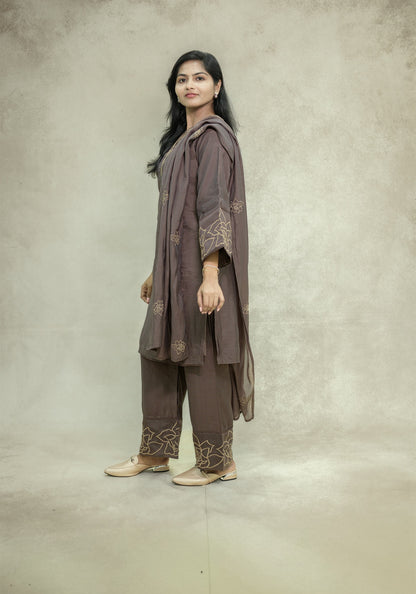 Chocolate Brown Embroidered Kurta Pant Set with Dupatta - Chocolate Brown - view 4