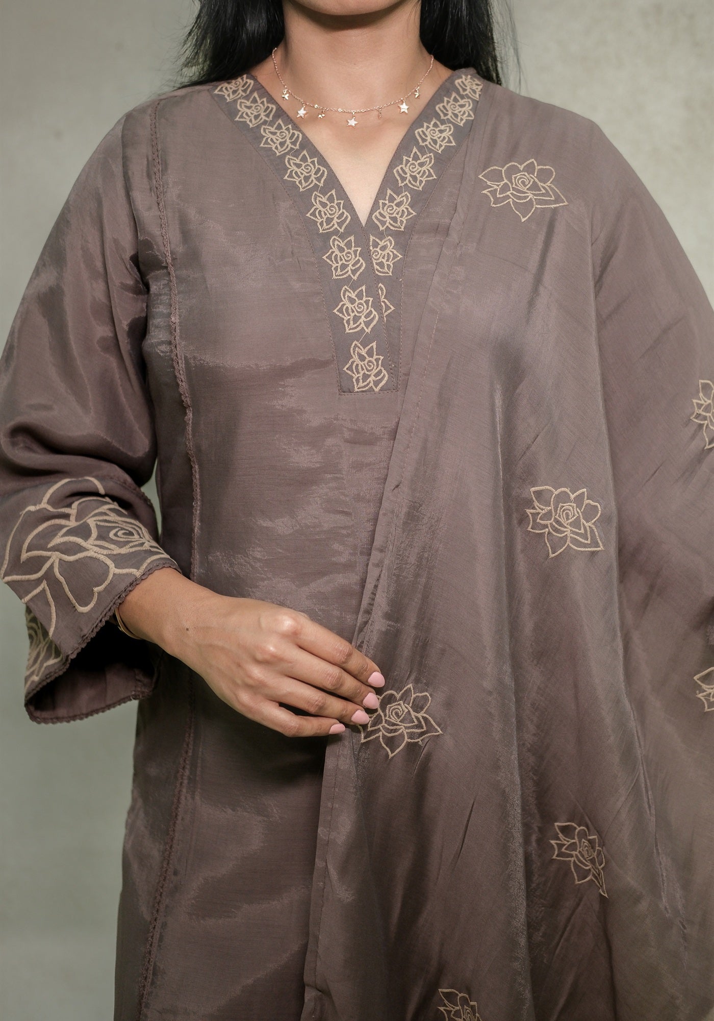 Chocolate Brown Embroidered Kurta Pant Set with Dupatta - Chocolate Brown - view 6