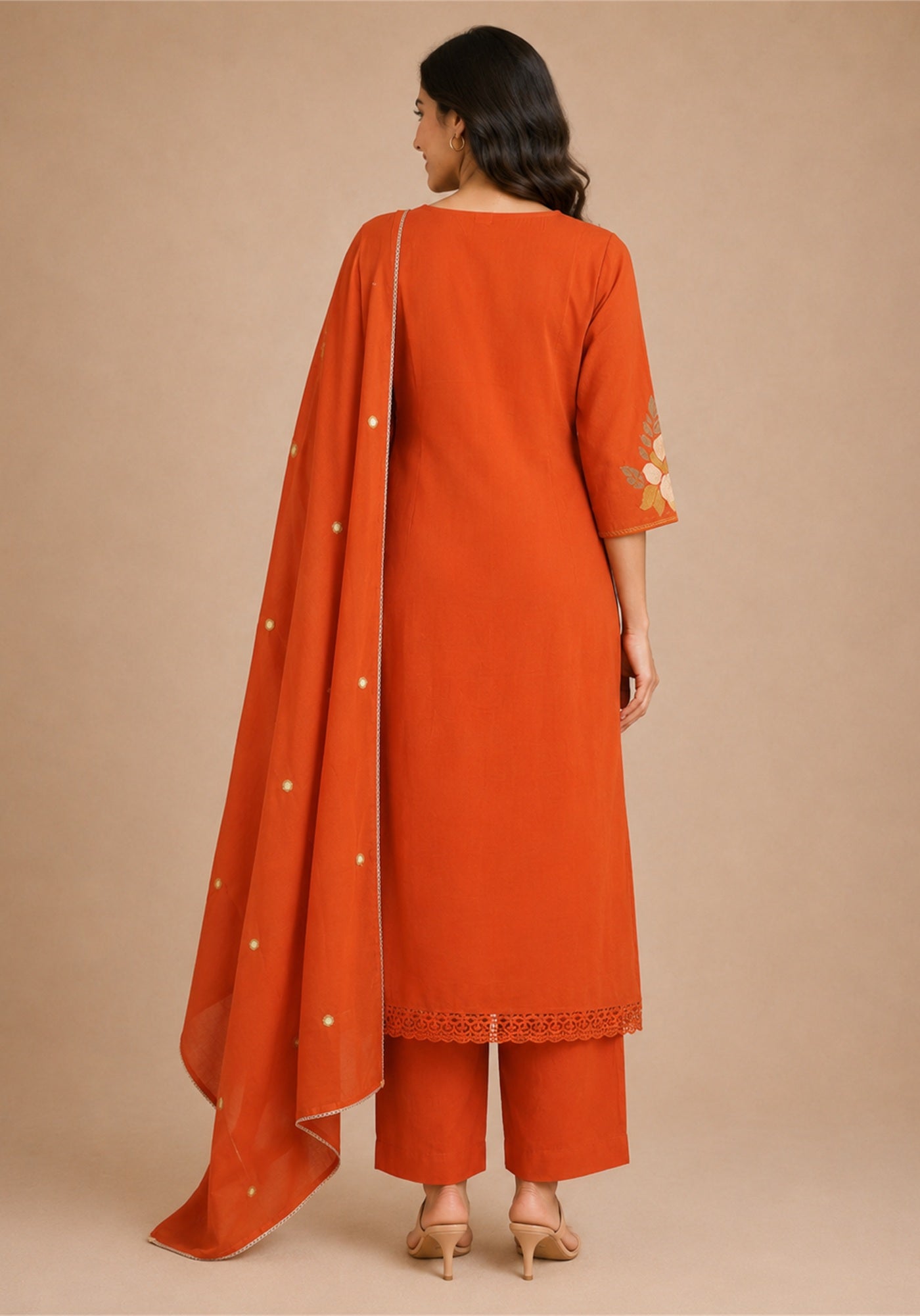 Bright Red Cotton Floral Embroidered Kurta Pant Set with Dupatta - Bright Red - view 2