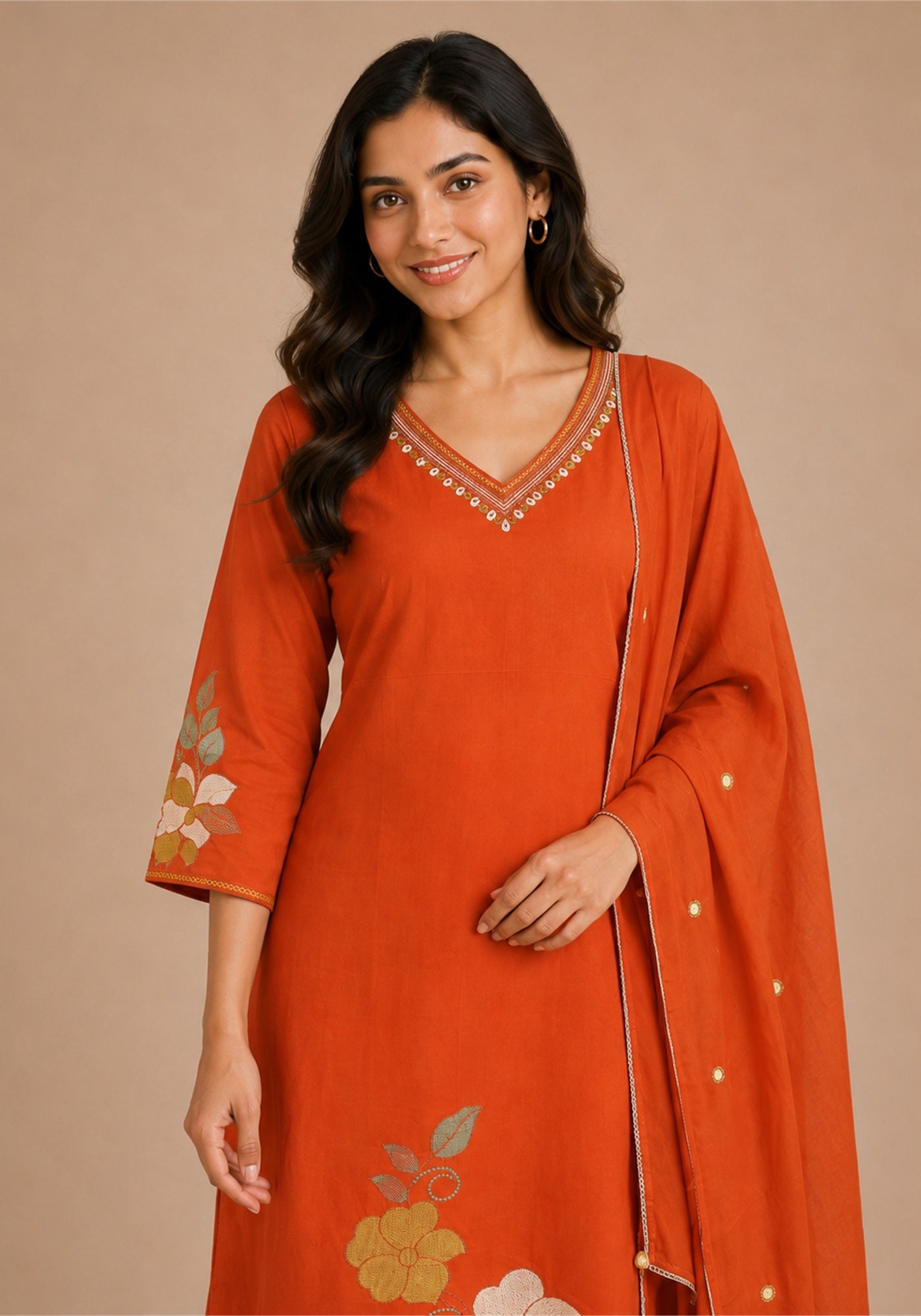 Bright Red Cotton Floral Embroidered Kurta Pant Set with Dupatta - Bright Red - view 3