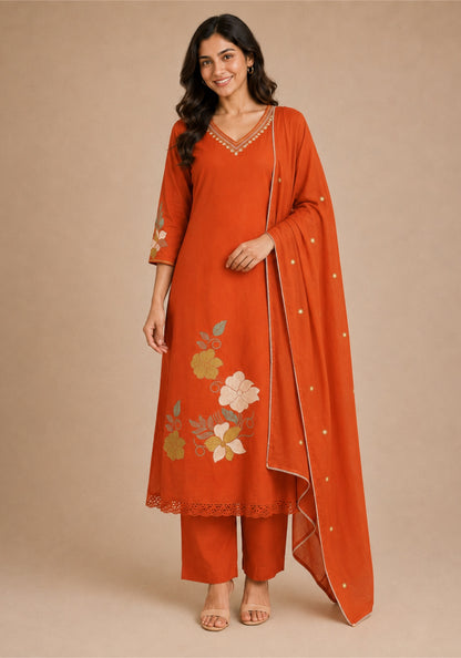 Bright Red Cotton Floral Embroidered Kurta Pant Set with Dupatta - Bright Red - view 4