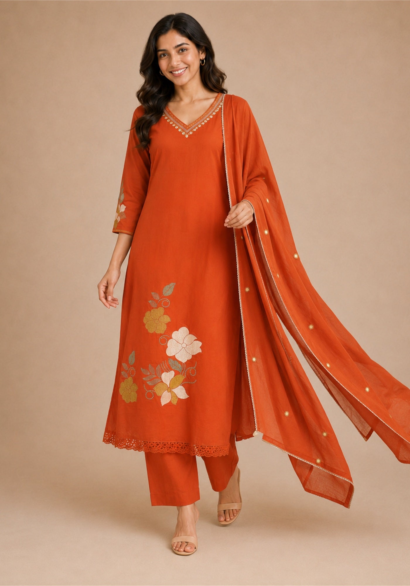 Bright Red Cotton Floral Embroidered Kurta Pant Set with Dupatta - Bright Red - view 5