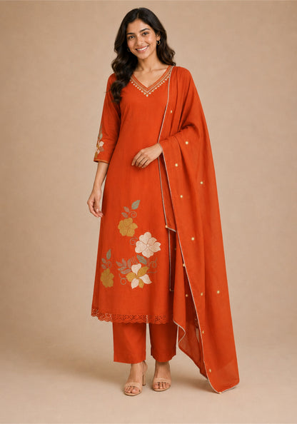Bright Red Cotton Floral Embroidered Kurta Pant Set with Dupatta - Bright Red - view 6
