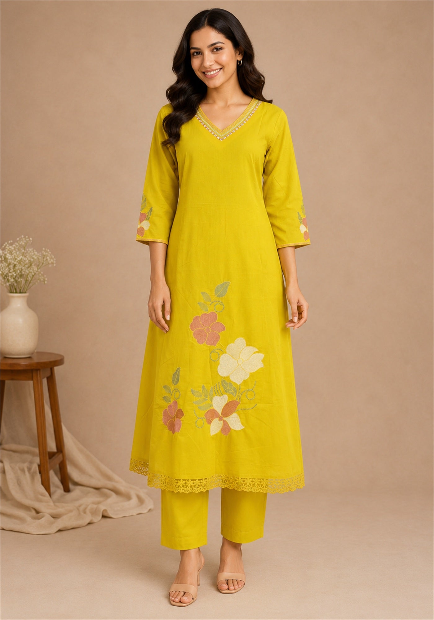 Mustard Yellow Cotton Floral Embroidered Kurta Pant Set with Dupatta - Mustard Yellow - view 1