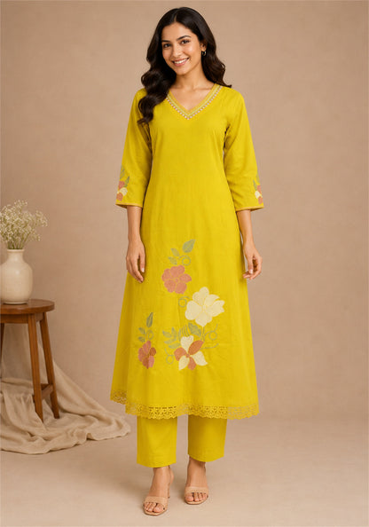 Mustard Yellow Cotton Floral Embroidered Kurta Pant Set with Dupatta - Mustard Yellow - view 1