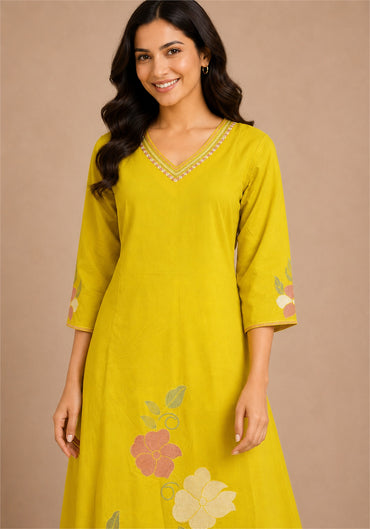 Mustard Yellow Cotton Floral Embroidered Kurta Pant Set with Dupatta - Mustard Yellow - view 2