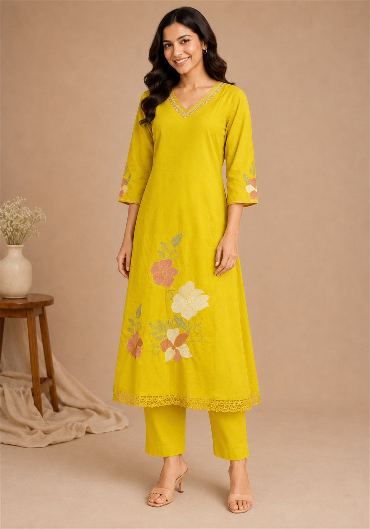 Mustard Yellow Cotton Floral Embroidered Kurta Pant Set with Dupatta - Mustard Yellow - view 3