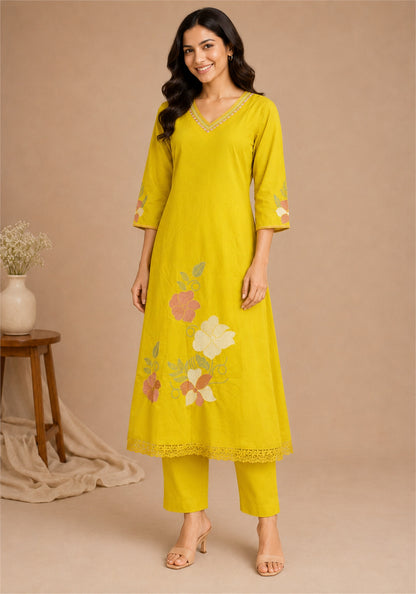 Mustard Yellow Cotton Floral Embroidered Kurta Pant Set with Dupatta - Mustard Yellow - view 3