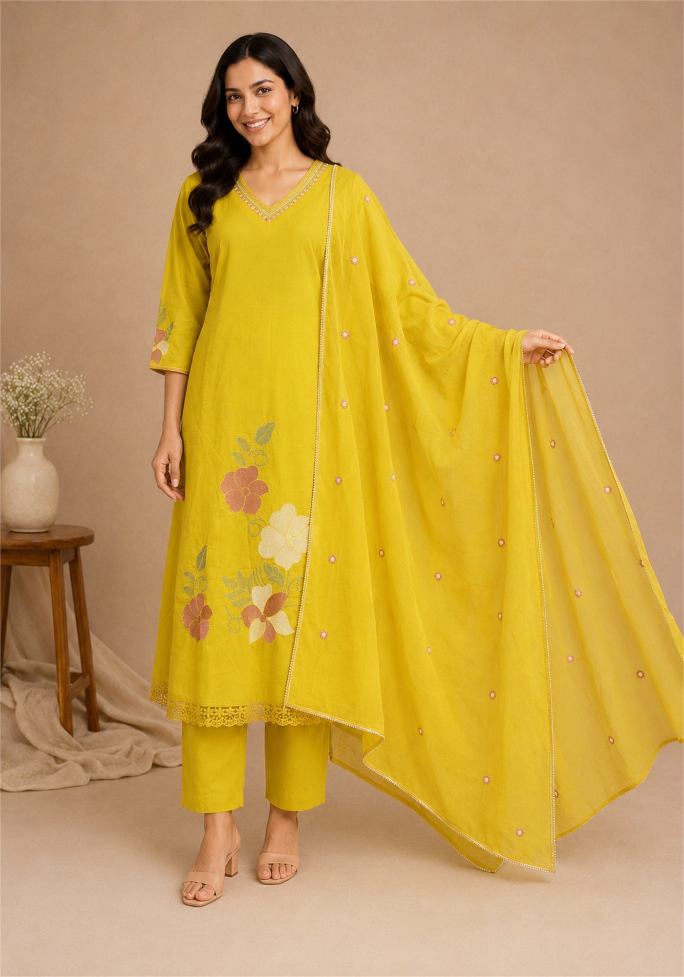 Mustard Yellow Cotton Floral Embroidered Kurta Pant Set with Dupatta - Mustard Yellow - view 4