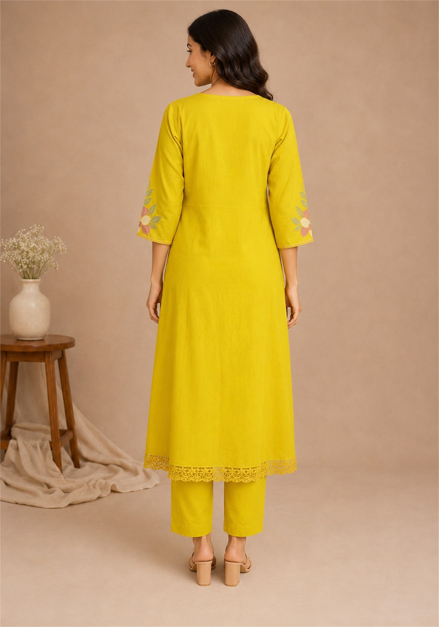 Mustard Yellow Cotton Floral Embroidered Kurta Pant Set with Dupatta - Mustard Yellow - view 5