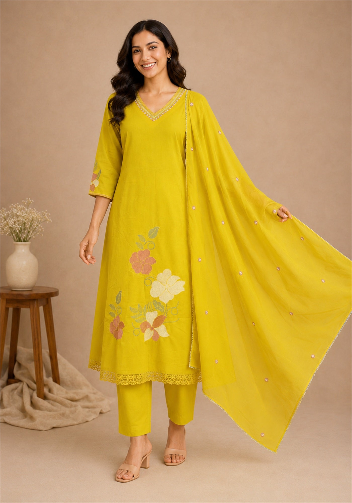 Mustard Yellow Cotton Floral Embroidered Kurta Pant Set with Dupatta - Mustard Yellow - view 6