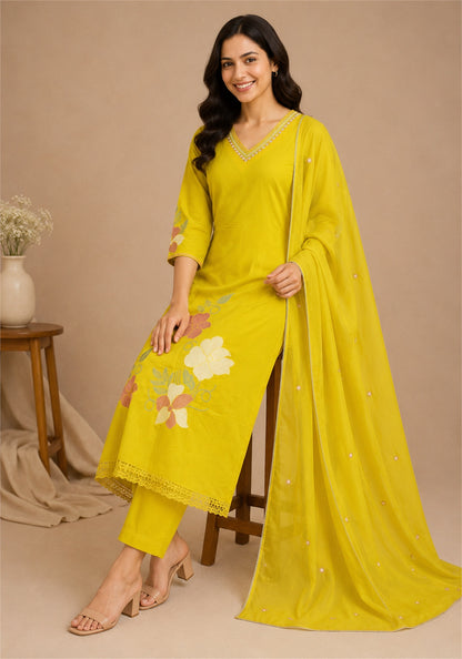 Mustard Yellow Cotton Floral Embroidered Kurta Pant Set with Dupatta - Mustard Yellow - view 7