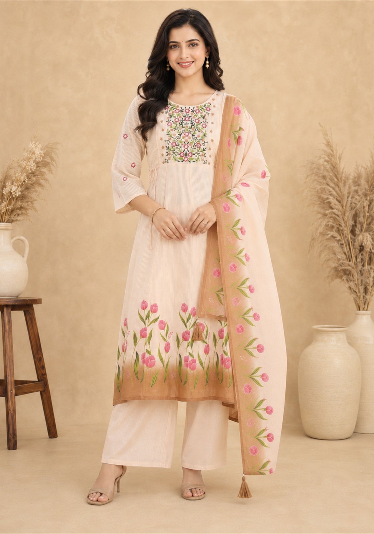 Blush Pink Cotton Floral Embroidered Kurta Pant Set with Dupatta