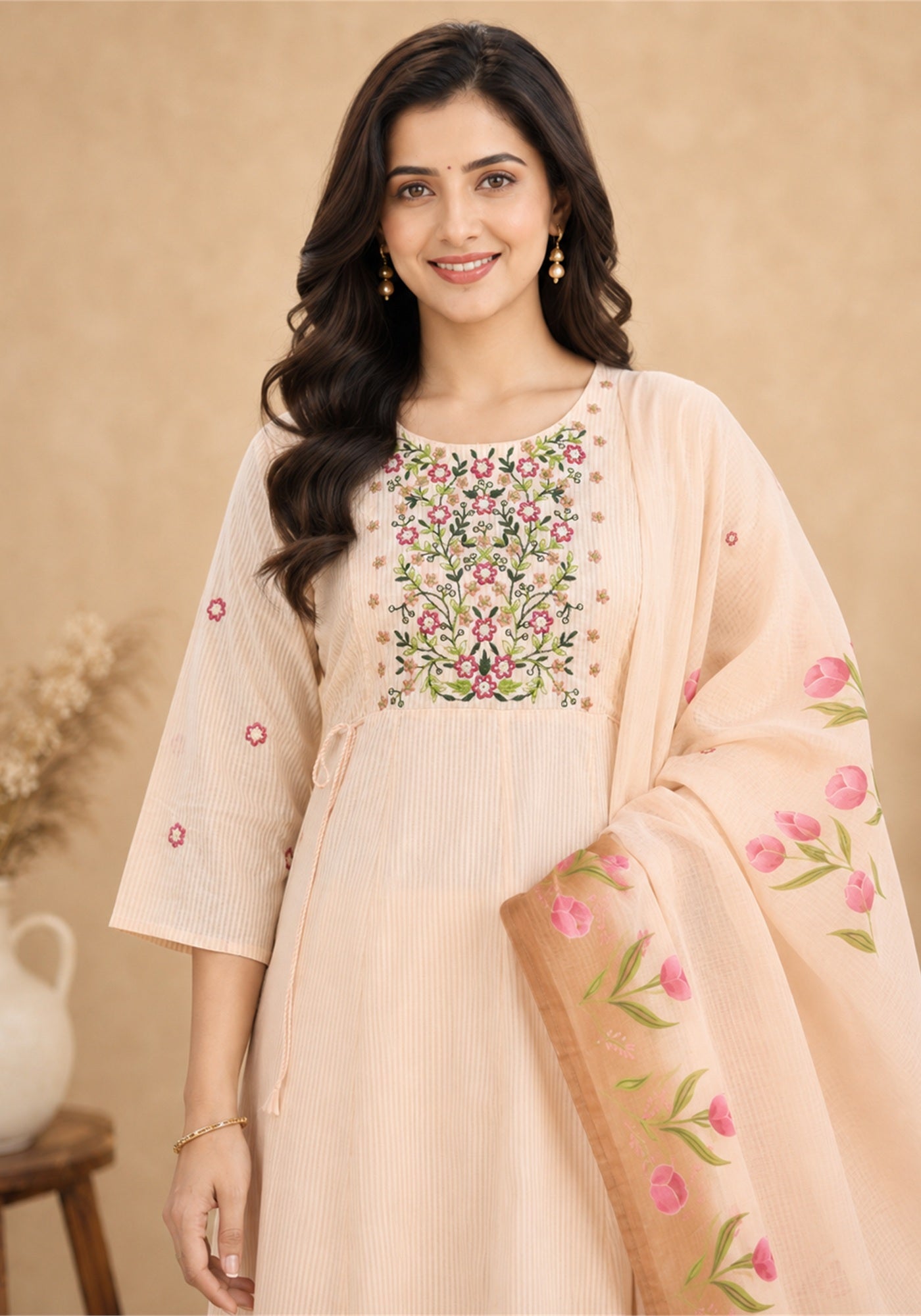 Blush Pink Cotton Floral Embroidered Kurta Pant Set with Dupatta - Blush Pink with Rose Pink - view 3