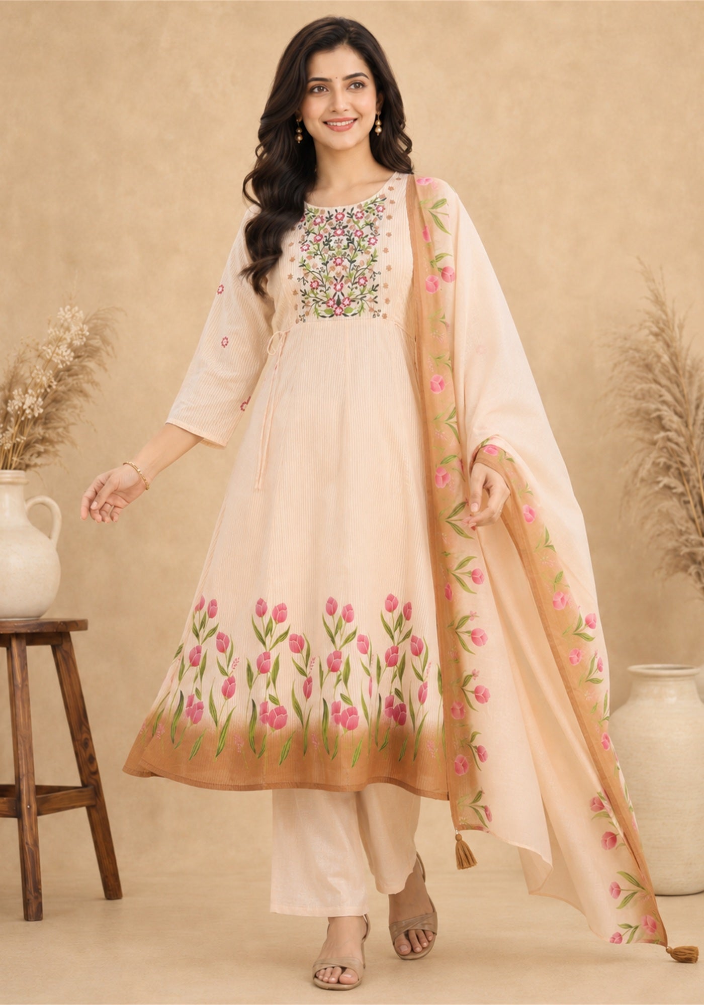 Blush Pink Cotton Floral Embroidered Kurta Pant Set with Dupatta - Blush Pink with Rose Pink - view 4