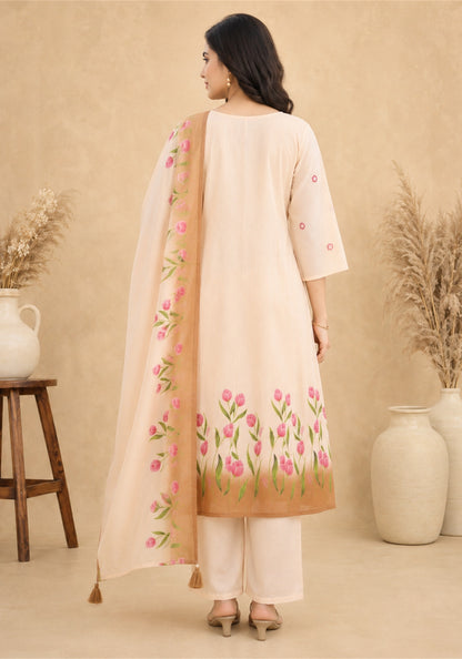 Blush Pink Cotton Floral Embroidered Kurta Pant Set with Dupatta - Blush Pink with Rose Pink - view 5
