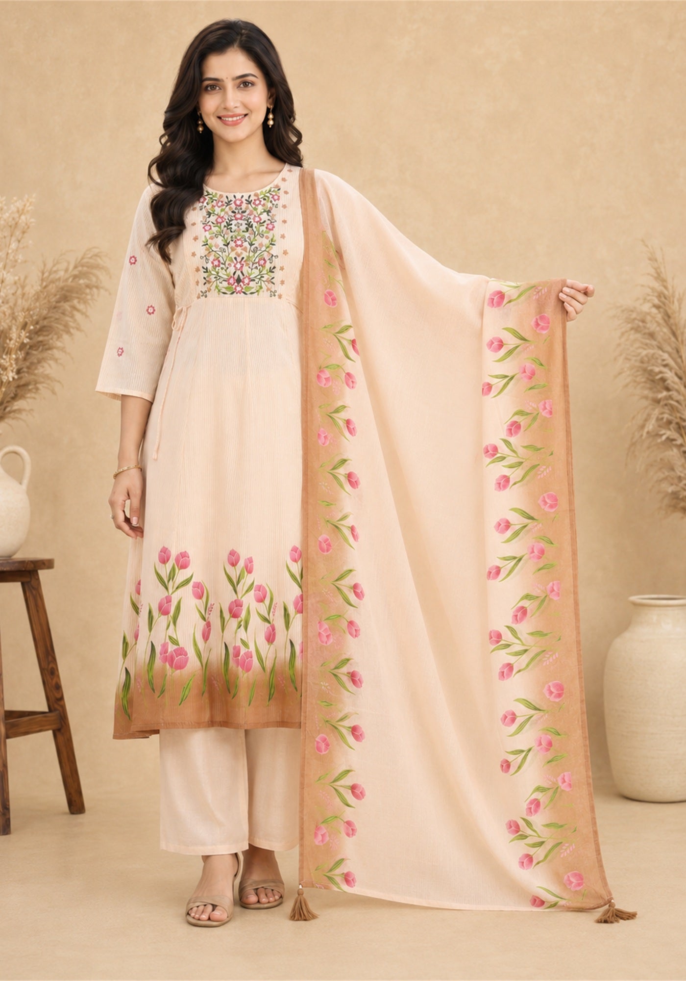 Blush Pink Cotton Floral Embroidered Kurta Pant Set with Dupatta - Blush Pink with Rose Pink - view 6