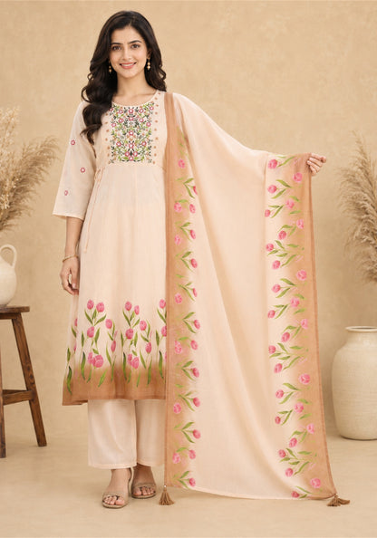 Blush Pink Cotton Floral Embroidered Kurta Pant Set with Dupatta - Blush Pink with Rose Pink - view 6