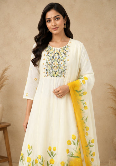 Ivory Mustard Yellow Cotton Floral Embroidered Kurta Pant Set with Dupatta - Ivory White with Mustard Yellow - view 2