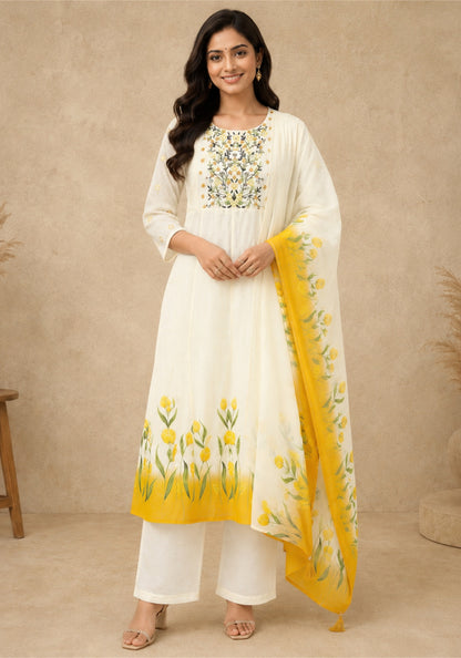 Ivory Mustard Yellow Cotton Floral Embroidered Kurta Pant Set with Dupatta - Ivory White with Mustard Yellow - view 3