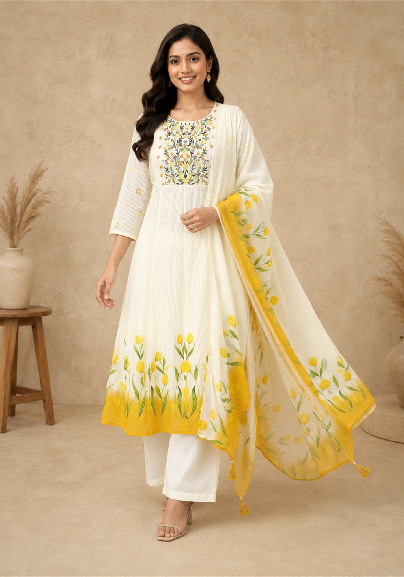 Ivory Mustard Yellow Cotton Floral Embroidered Kurta Pant Set with Dupatta - Ivory White with Mustard Yellow - view 4