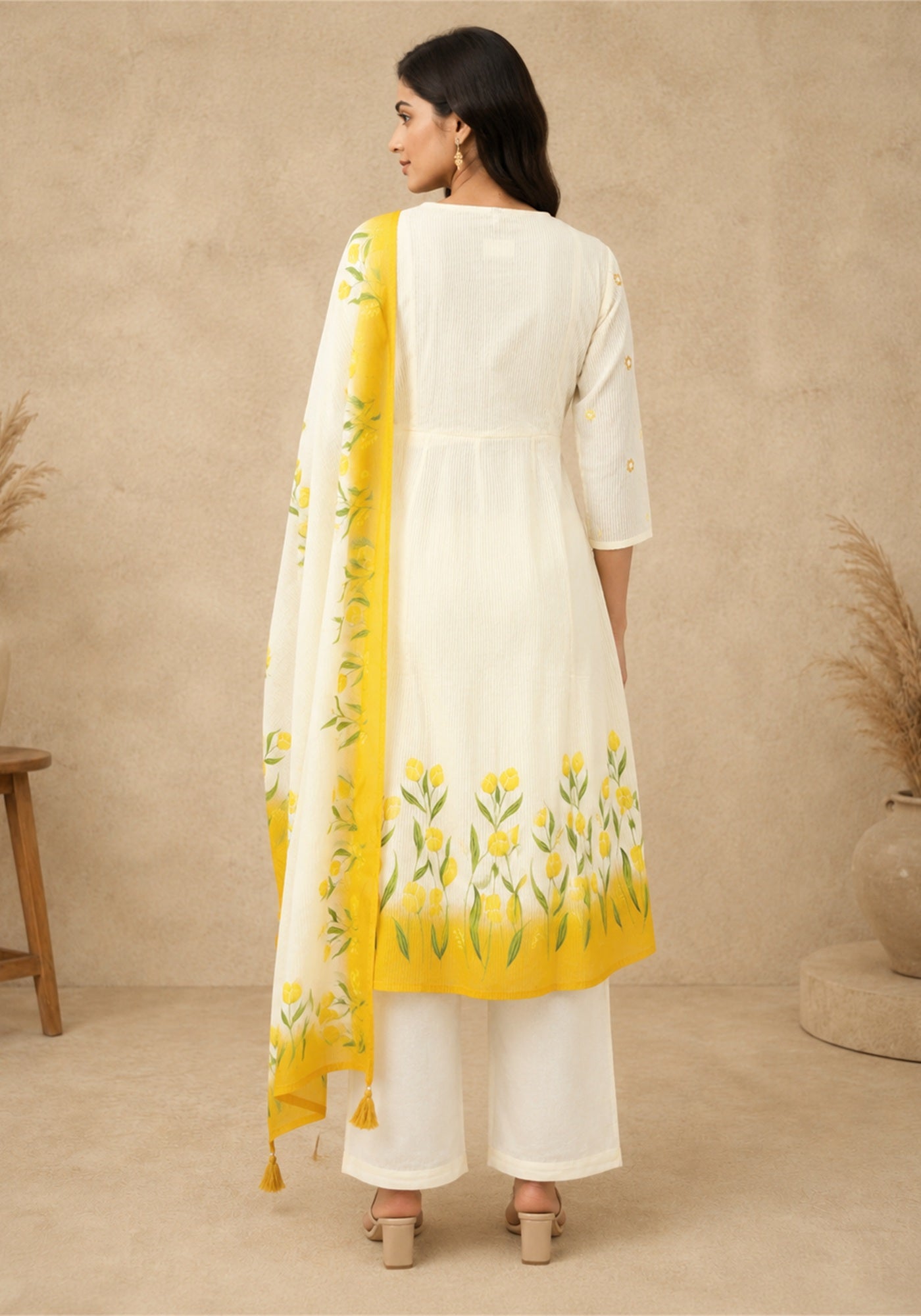 Ivory Mustard Yellow Cotton Floral Embroidered Kurta Pant Set with Dupatta - Ivory White with Mustard Yellow - view 5