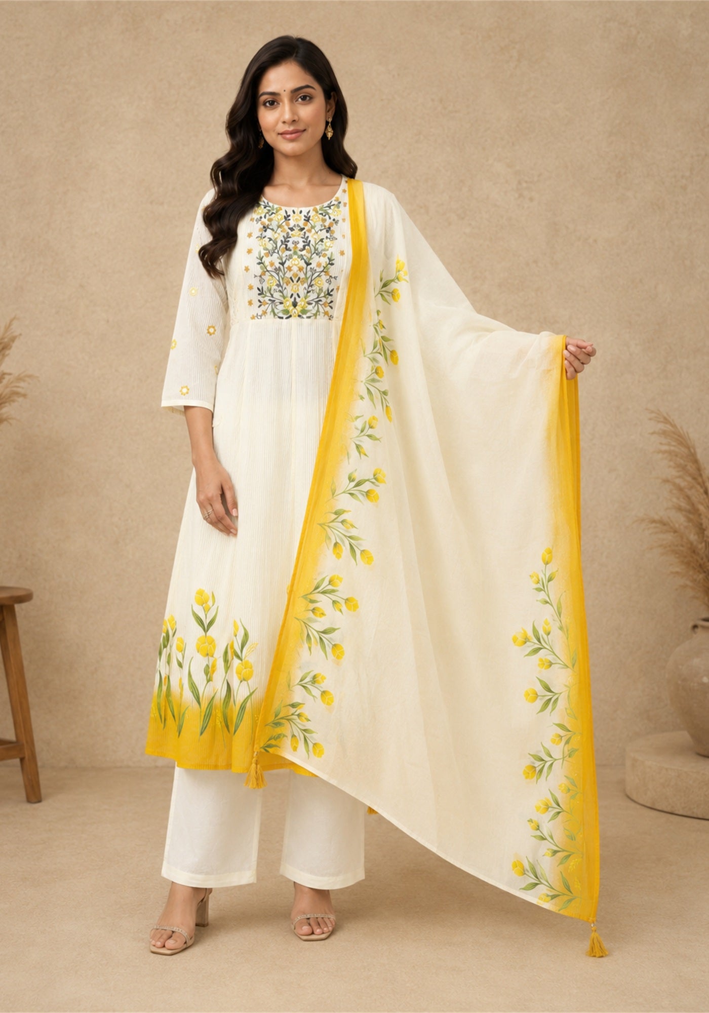 Ivory Mustard Yellow Cotton Floral Embroidered Kurta Pant Set with Dupatta - Ivory White with Mustard Yellow - view 6