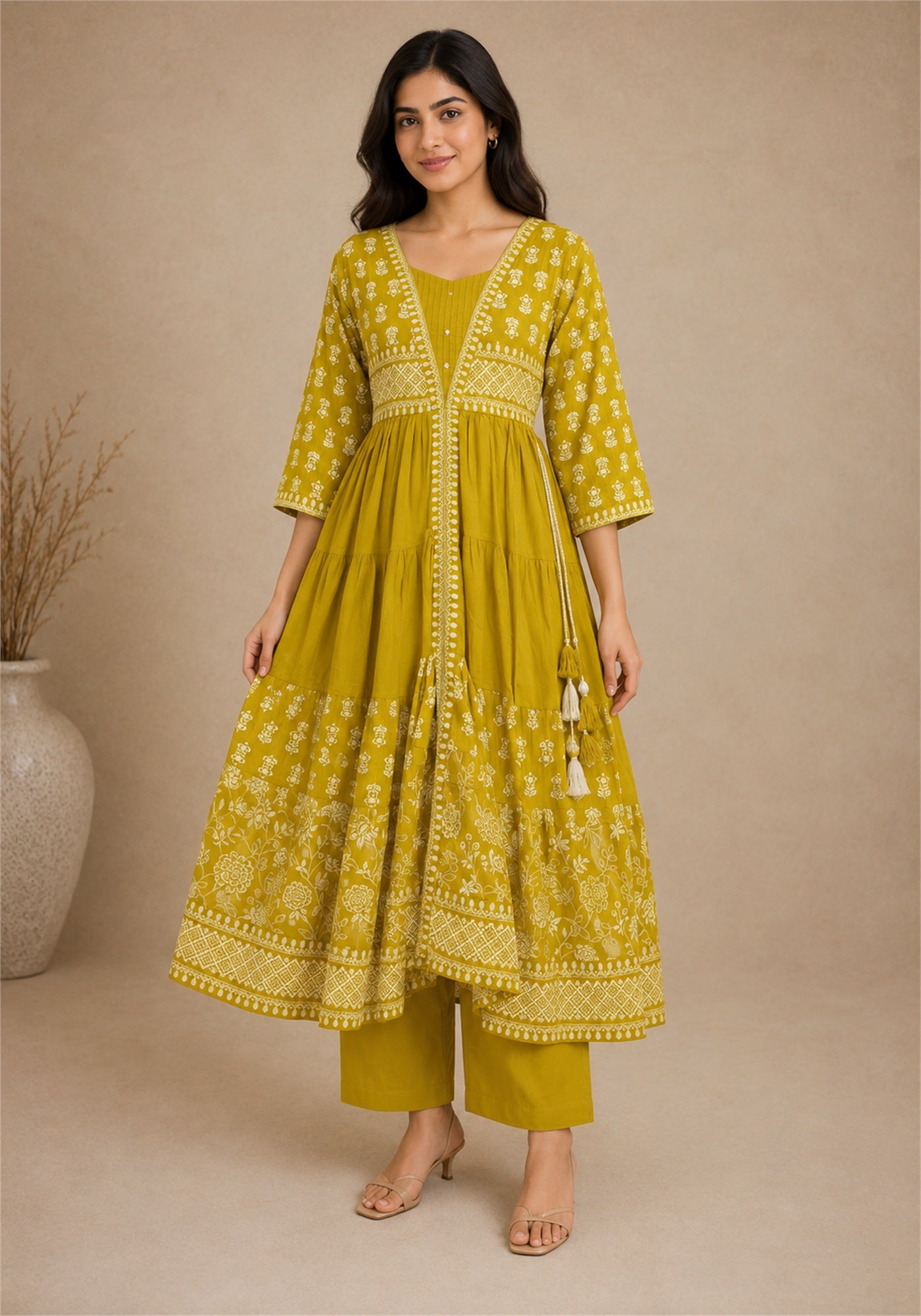 Mustard Yellow Cotton Block Printed Flared Kurta Pant Set with Dupatta - Mustard Yellow with White - view 1