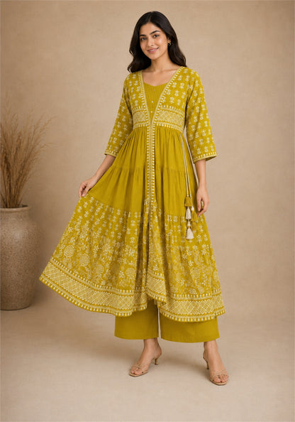 Mustard Yellow Cotton Block Printed Flared Kurta Pant Set with Dupatta - Mustard Yellow with White - view 2