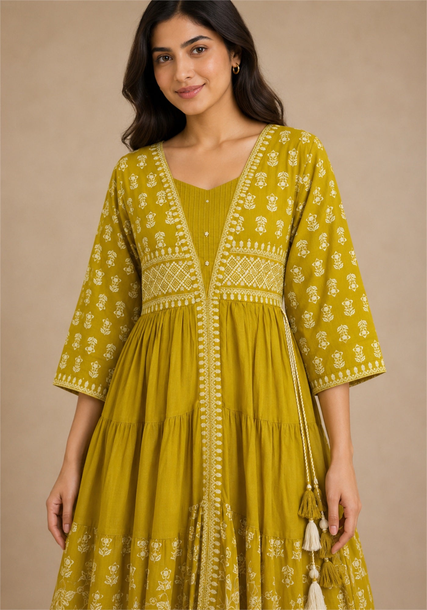 Mustard Yellow Cotton Block Printed Flared Kurta Pant Set with Dupatta - Mustard Yellow with White - view 3
