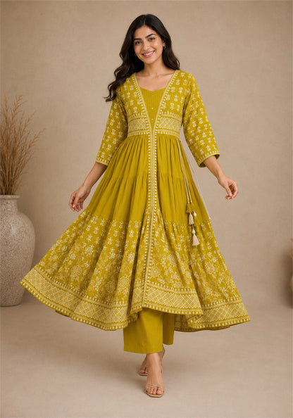 Mustard Yellow Cotton Block Printed Flared Kurta Pant Set with Dupatta - Mustard Yellow with White - view 4